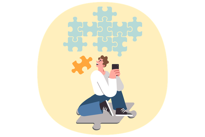 Teenager guy with phone playing application with logic game putting puzzle cubes together  Illustration