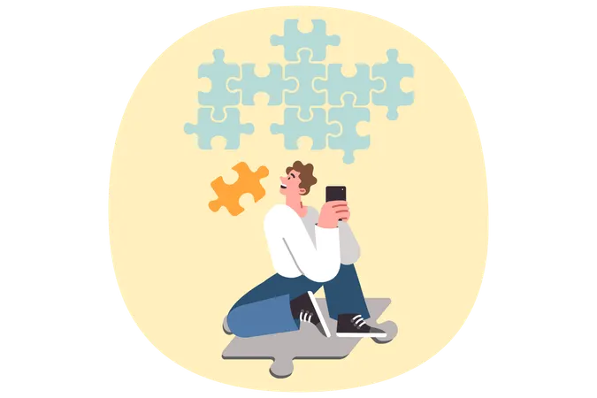 Teenager guy with phone playing application with logic game putting puzzle cubes together  Illustration