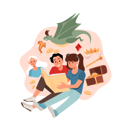 Teenager lesen ein Abenteuermärchen  Illustration