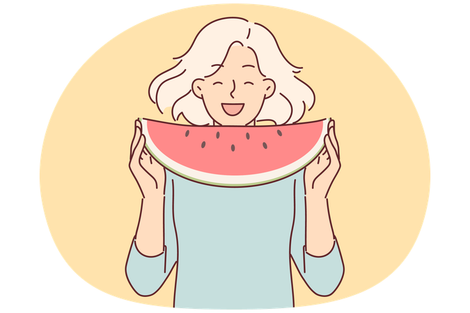 Teenager-Mädchen isst Wassermelone und genießt den süßen Geschmack der Frucht, der bei Sommerwetter den Durst löscht  Illustration