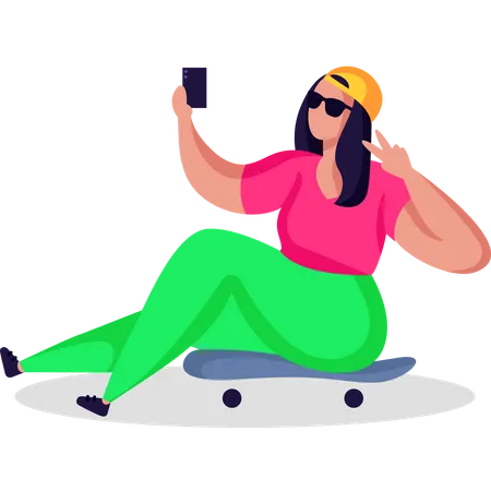 Teenager-Mädchen macht Selfie, während sie auf Skateboard sitzt  Illustration