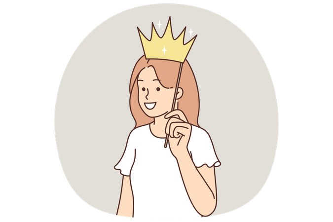 Teenager-Mädchen setzt falsche Krone auf den Kopf und lächelt und träumt davon, Prinzessin oder Königin zu werden  Illustration