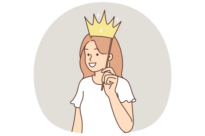 Teenager-Mädchen setzt falsche Krone auf den Kopf und lächelt und träumt davon, Prinzessin oder Königin zu werden  Illustration