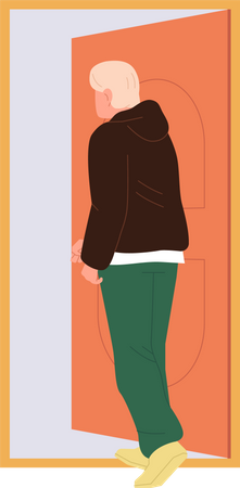 Teenager male character in sportswear entering opened door  Illustration