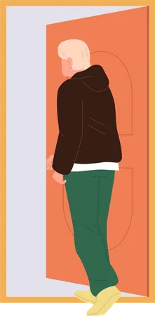 Teenager Male Character In Warm Sportswear Entering Opened Door Vector Illustration Isolated On White Background Freelance Worker Leaving Work Going To Interview Appointment Finishing Workday Illustration