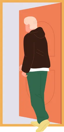 Teenager male character in sportswear entering opened door  Illustration