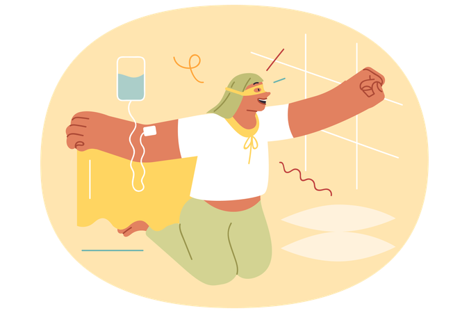 Teenager-Patientin in onkologischer Klinik sitzt dank Krebsheilung in Superheldenpose  Illustration
