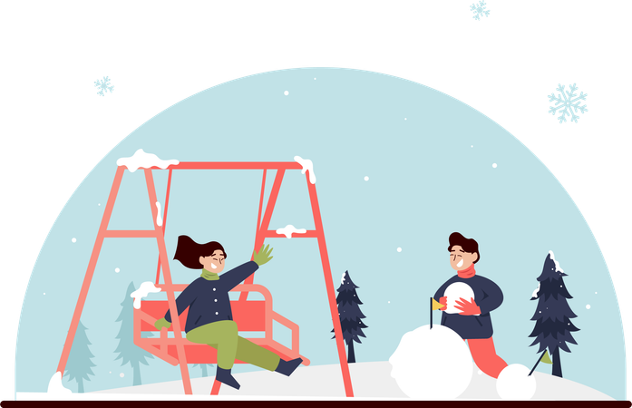 Teenager Playing Snow at Park  일러스트레이션