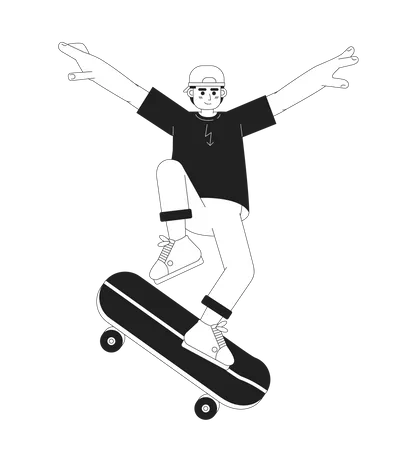 Teenager Riding Skateboard Flat Vector Cartoon Outline Character Skateboarding Youth Culture Spot Illustration Full Body Person Isolated On White Editable 2 D Black And White Drawing Graphic Design Illustration
