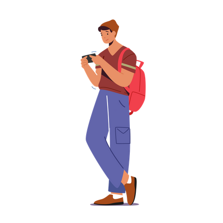 Teenager Student Playing Gaming or Writing Messages on Mobile  Illustration