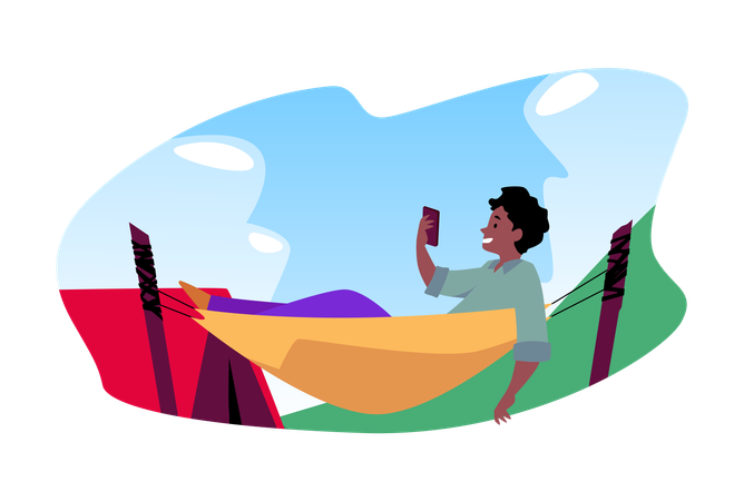Teenager with a phone in a hammock  Illustration