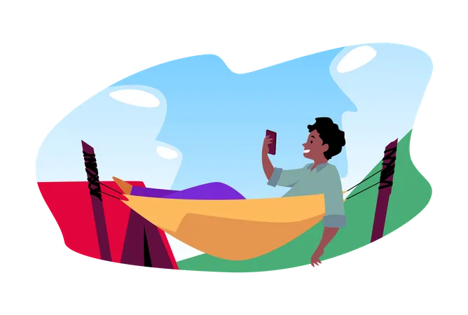 Teenager with a phone in a hammock  Illustration