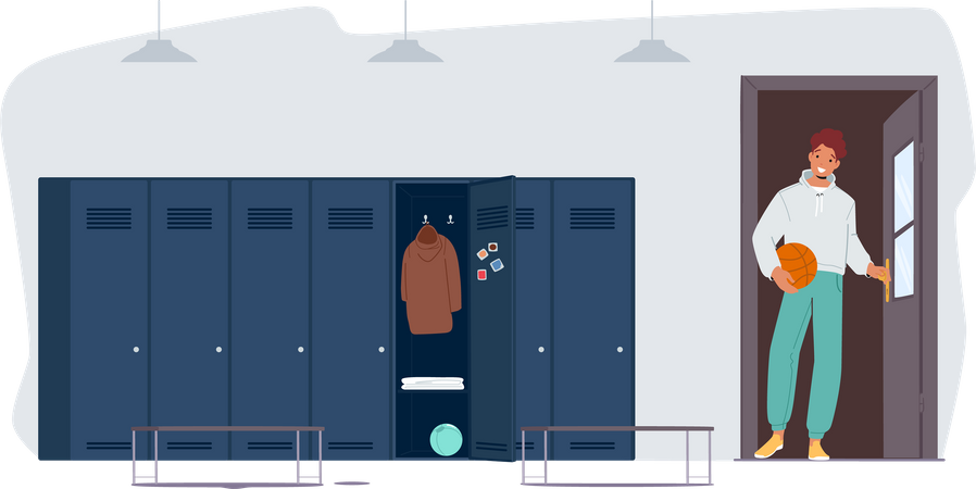 Teenager with basketball ball enter to sport locker room Illustration