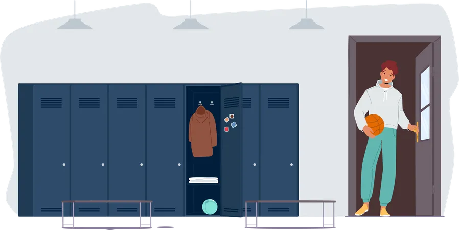 Teenager with basketball ball enter to sport locker room Illustration