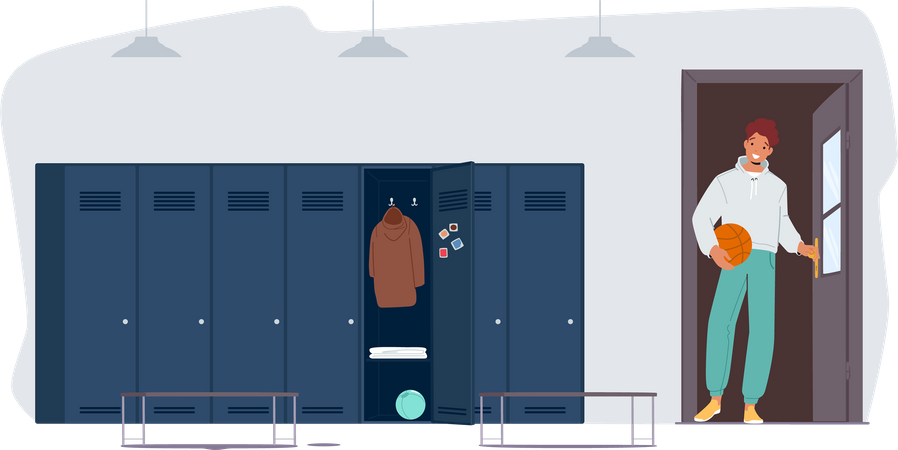 Teenager with basketball ball enter to sport locker room  Illustration