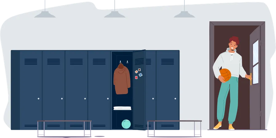 Teenager with basketball ball enter to sport locker room  Illustration