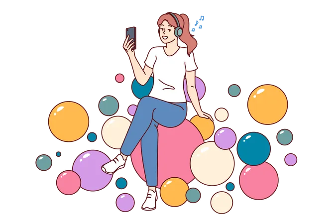 Teenager Woman Listening To Music On Headphones And Holding Mobile Phone To Manage Playlist Sitting On Balloons Girl Enjoys Cool Music Enjoying Relaxing Sounds And Rhythmic Songs Illustration