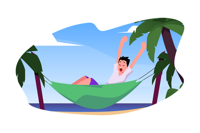 Teenager yawns and stretches in a hammock by the sea flat isolated sticker  Illustration