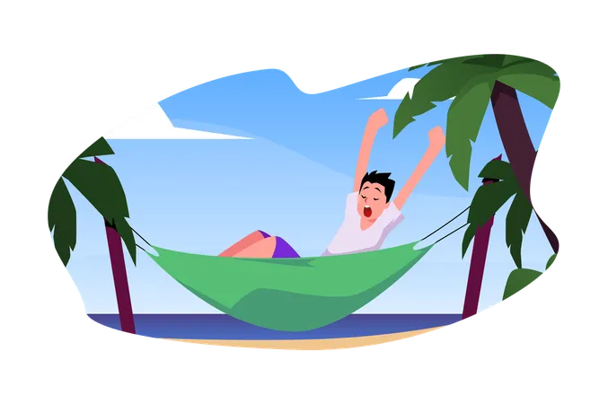 Teenager yawns and stretches in a hammock by the sea flat isolated sticker  Illustration