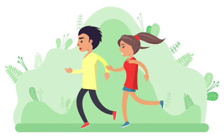 Young People Jogging Vector Woman And Man Caring For Health Active Lifestyle Of Youth Park With Foliage And Plants Female And Male Students Flat Style Illustration