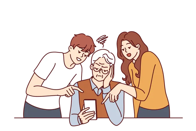 Elderly Man Learns To Use Phone And Listens To Advice Of Adult Children Teaching How To Send SMS Message Old Human Is Upset Because Of Inability To Use Modern Smartphone And Online App Illustration