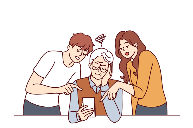Teenagers are teaching  the use of mobile phone to elderly man  イラスト
