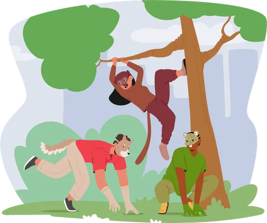 Teenagers behaving like wild animals jumping among trees in park  Illustration