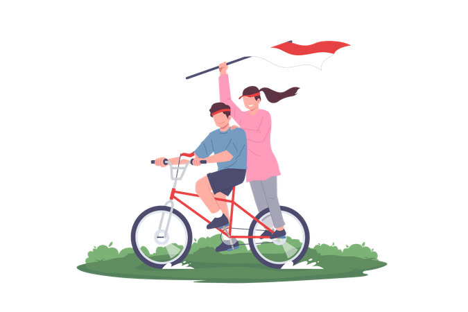 Teenagers Celebrating Indonesia Independence Day on cycle  Illustration