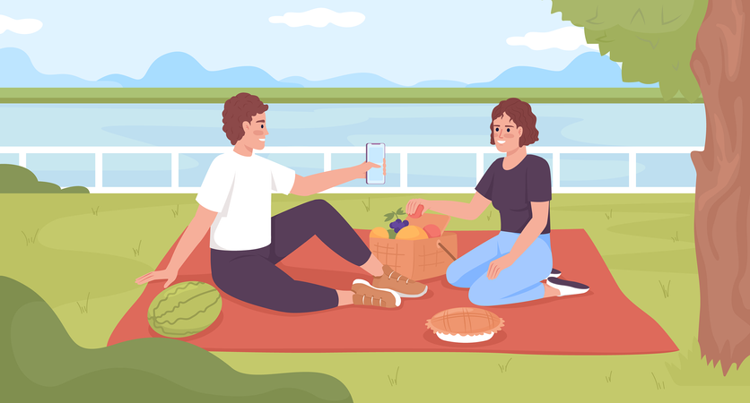 Teenagers enjoying picnic on blanket Illustration