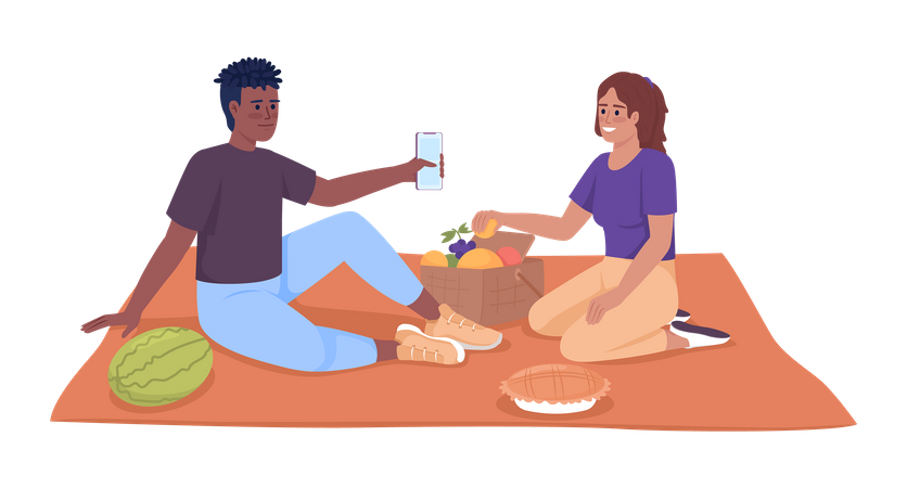 Teenagers enjoying picnic on blanket  Illustration