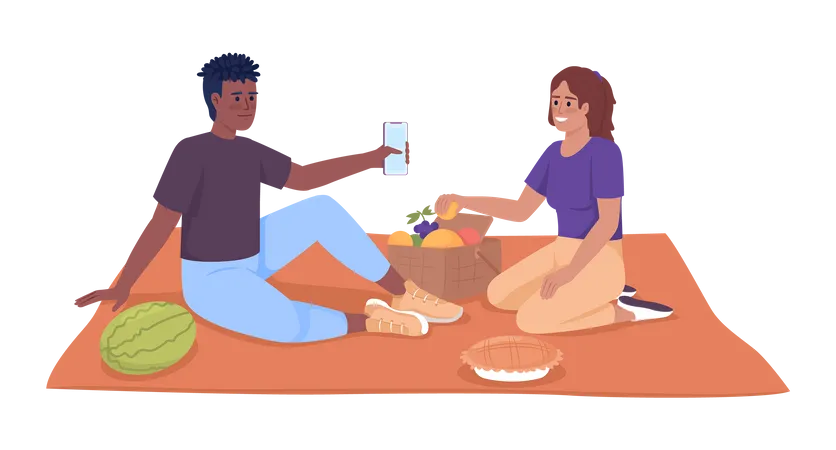 Teenagers enjoying picnic on blanket  Illustration