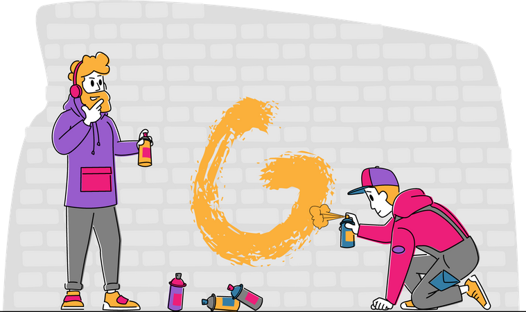 Teenagers Painting Graffiti on Brick Wall  Illustration