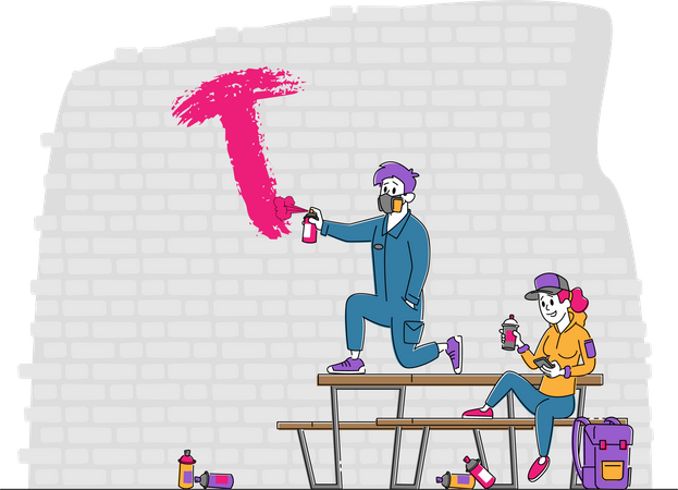 Teenagers Painting Graffiti on Brick Wall  Illustration