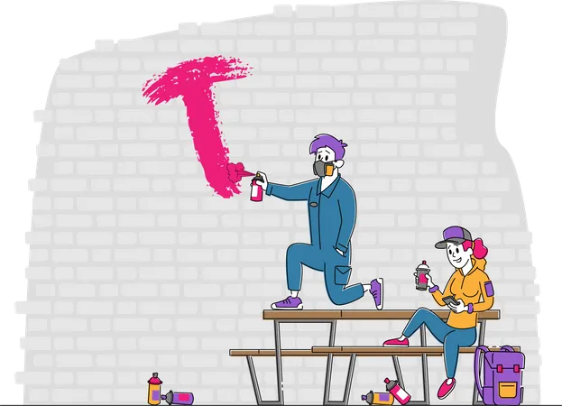 Teenagers Painting Graffiti on Brick Wall  Illustration