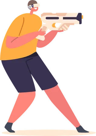 Teenager Wear Vr Goggles Shoot With Gun While Playing Online Games Virtual And Augmented Reality Concept Boy Character Character Use Futuristic Technology Gadgets Cartoon People Vector Illustration Illustration