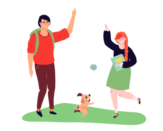 Teenagers playing with a dog  Illustration