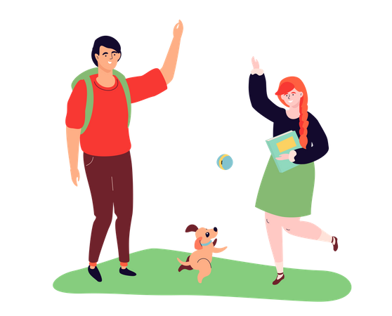 Teenagers playing with a dog  Illustration