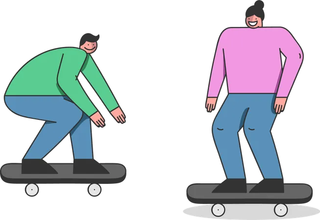 Concept Of Skateboard Riding Two Teenagers Skateboarders Are Riding Skateboard Skateboarding Friends Are Making Stunts On Board In The Skatepark Cartoon Outline Linear Flat Vector Illustration Illustration