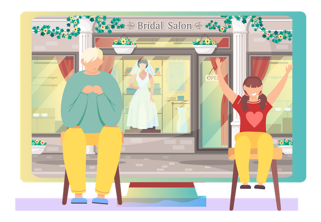 Teenagers sitting near big monitor with bridal salon storefront  Illustration