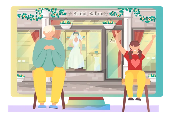 Teenagers sitting near big monitor with bridal salon storefront  Illustration