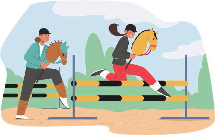 Teenagers sporting hobbyhorse jumping over barrier enjoying competition race  Illustration