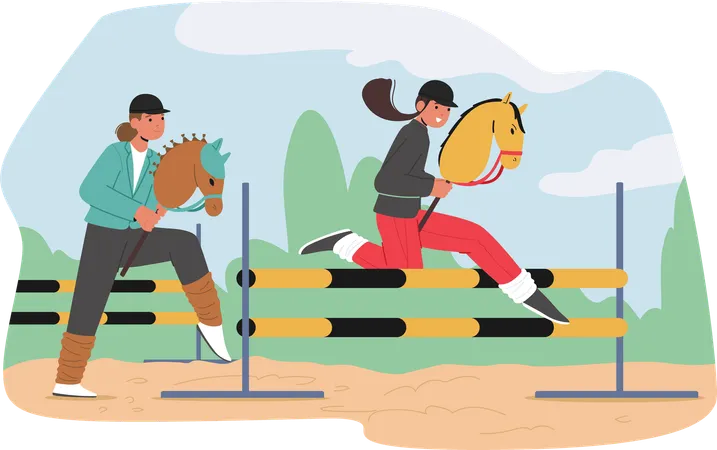 Teenagers sporting hobbyhorse jumping over barrier enjoying competition race  Illustration