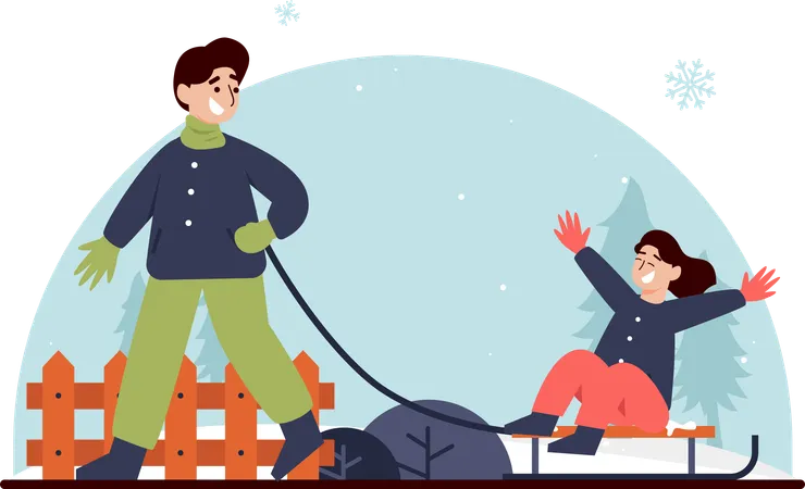 Teens Playing Snow Sledding  Illustration