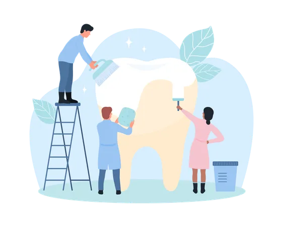 Teeth Whitening Dental Care And Oral Hygiene Vector Illustration Cartoon Team Of Tiny People Cleaning With Toothbrush And Sponge Big Yellow Human Tooth To White Dentists Clean Enamel To Shine Illustration
