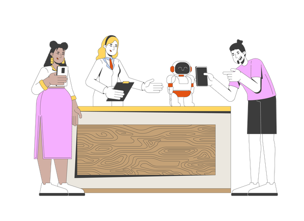 Teilnehmer der Generation Z machen Fotos von Robotern am Stand der Wissenschaftsausstellung  Illustration