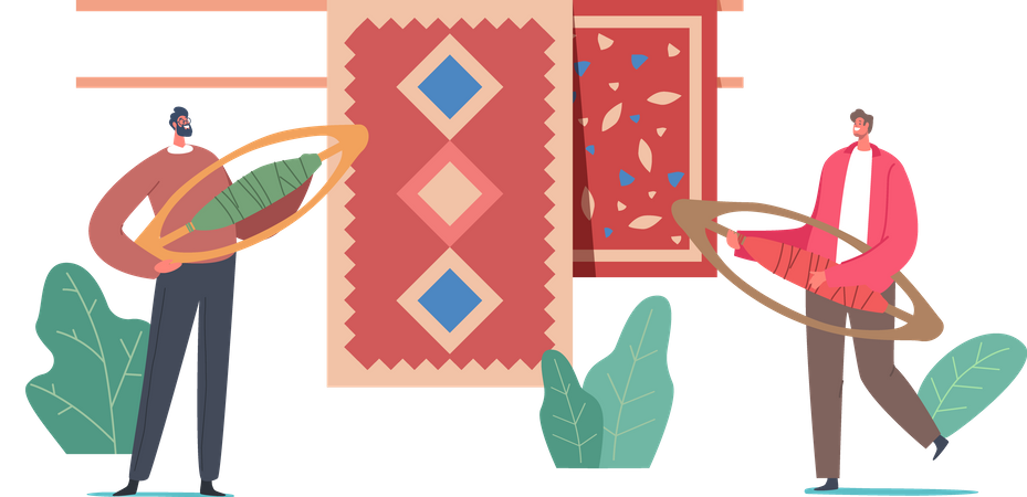 Tejiendo lanzaderas cerca de alfombras con adornos orientales tradicionales  Ilustración