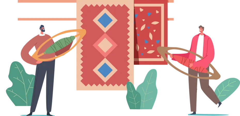 Tejiendo lanzaderas cerca de alfombras con adornos orientales tradicionales  Ilustración