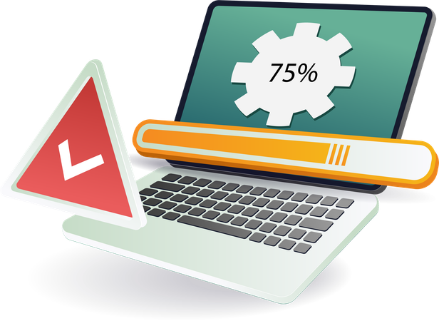 Tela do laptop mostrando uma marca de seleção e status de conclusão verde de 75%  Ilustração