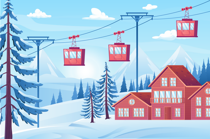 Teleférico en la montaña nevada  Ilustración