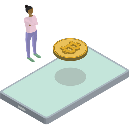 Telefon Bitcoin schweben zurück Frau denken  Illustration